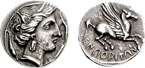 Moneda de la seca d'Emporion. A l'anvers es veu el cap del a nimfa Aretusa i al revers la llegenda 'Emporiton' en grec i un pegàs, símbol de la ciutat. 241-218 aC