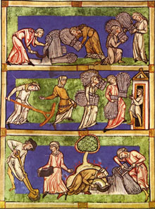 Pagesos en una miniatura d'un manuscrit del segle XIII