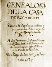 Portada del manuscrit genealògic escrit lany 1628 per Diego de Rocabertí