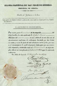 Nomenament de Rafael Patxot i Ferrer com a comandant de la milícia nacional de Sant Feliu de Guíxols, 22 de setembre de 1839