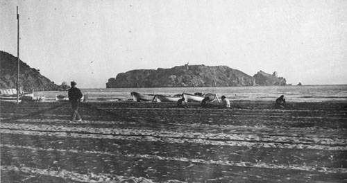 Homes adobant xarxes a la platja de l'Estartit. 1930