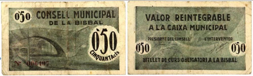 Bitllet de cinquanta cèntims emès pel  Consell Municipal de la Bisbal. 1937