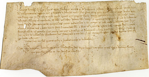 Agnès, muller de Nicolau Vidal difunt de Vilamacolum, confessa haver rebut del seu cunyat Jaume Sampol quatre canes de roba verda en herència. 1342