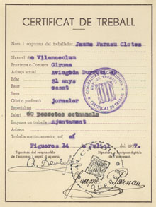 Certificat de treball de Jaume Parnau Clotes, natural de Vilamacolum, de 31 anys, jornaler. 1937