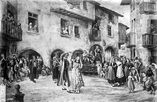 Reproducció del gravat Lo Contrapàs, obra de Josep Subietas i Lleopart de 1886 on s'hi representa el Ball dels Pabordes a la plaça de Santa Pau. 1926